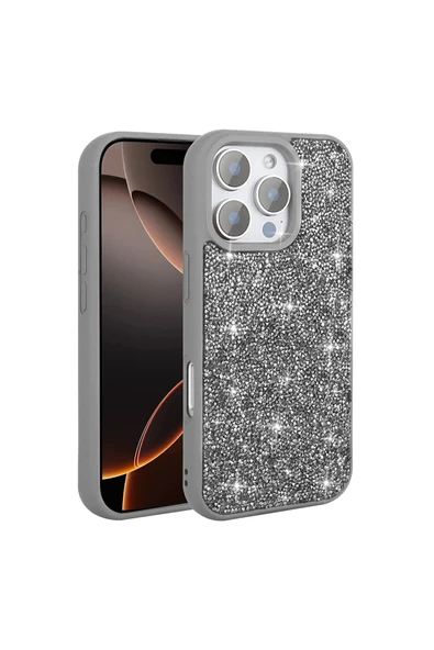 KILIFTECH iPhone 16 Pro Max Kılıf Parlak Taşlı Tasarım Zore Pırlanta Kapak - Gri - Resim 7