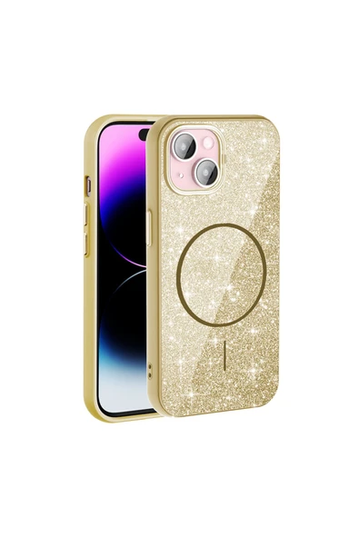 KILIFTECH iPhone 15 Plus Kılıf Magsafe Şarj Özellikli Parlayan Simli Zore Okso Kapak - Beyaz - Resim 7