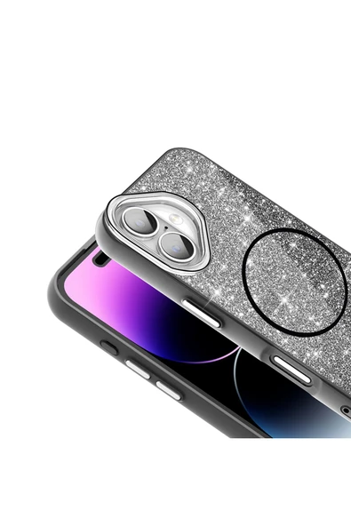 KILIFTECH iPhone 16 Plus Kılıf Magsafe Şarj Özellikli Parlayan Simli Zore Okso Kapak - Derin Mor - Resim 6