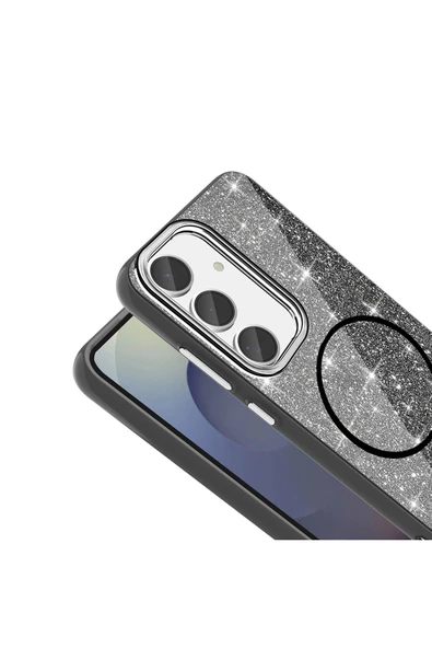 KILIFTECH Galaxy S23 FE Kılıf Magsafe Şarj Özellikli Parlayan Simli Zore Okso Kapak - Derin Mor - Resim 3