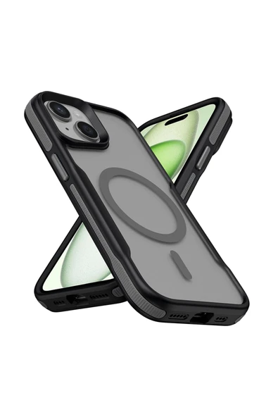 zore iPhone 15 Plus Uyumlu Magsafe Şarj Özellikli Renkli Kenar Airbag Şeritli Zore Lamer Kapak-Gri - 1
