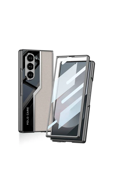 KILIFTECH Galaxy Z Fold 6 Kılıf Ultra İnce Kamera Korumalı PC + Deri Arka Yüzey Zore Kıpta Poligan Kapak-Gri - 2