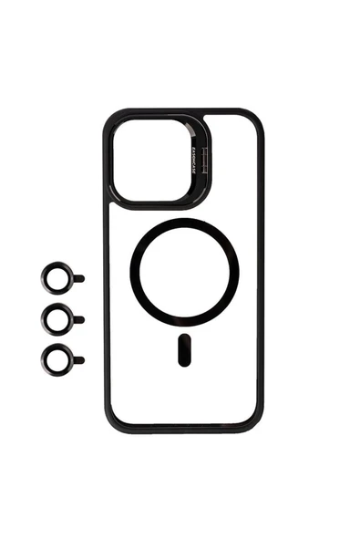 Goktugaksesuar iPhone 15 Pro Max Uyumlu Magsafe Wireless Şarj Özellikli Standlı Zore Magsafe Klon LNSM-li Kapa