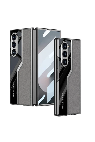 KILIFTECH Galaxy Z Fold 6 Kılıf Ultra İnce Kamera Korumalı PC + Deri Arka Yüzey Zore Kıpta Poligan Kapak-Gri ürün görseli 1