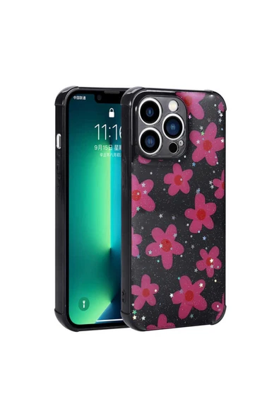 Goktugaksesuar iPhone 11 Pro Uyumlu Simli Desenli Kamera Korumalı Parlak Zore Popy Kılıf-Çiçek ürün görseli 1