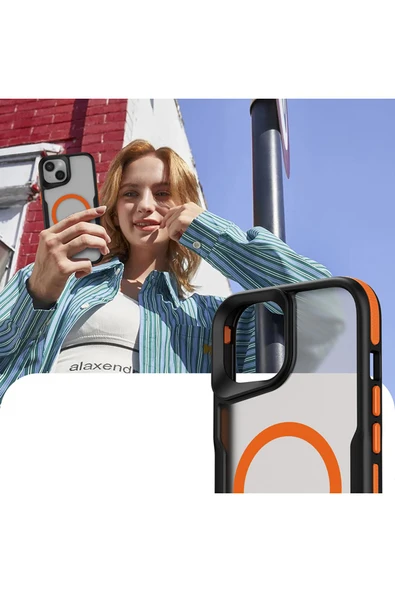 zore iPhone 15 Plus Uyumlu Magsafe Şarj Özellikli Renkli Kenar Airbag Şeritli Zore Lamer Kapak-Gri - 3