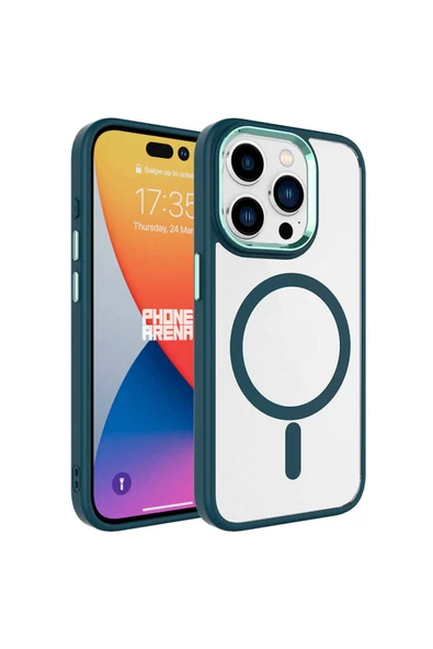 Goktugaksesuar iPhone 15 Pro Uyumlu Wireless Şarj Özellikli Zore Krom Magsafe Silikon Kılıf-Koyu Yeşil ürün görseli 1