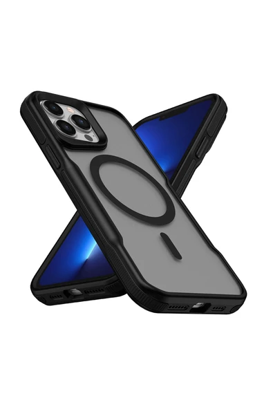 KILIFTECH iPhone 13 Pro Max Uyumlu Magsafe Şarj Özellikli Renkli Kenar Airbag Şeritli Zore Lamer Kapak-Siyah ürün görseli