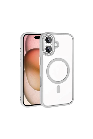 KILIFTECH Apple iPhone 16 Kılıf Wireless Şarj Özellikli Zore Krom Magsafe Silikon Kapak-Gümüş ürün görseli
