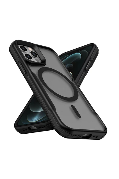 KILIFTECH iPhone 12 Pro Max Uyumlu Magsafe Şarj Özellikli Renkli Kenar Airbag Şeritli Zore Lamer Kapak-Siyah ürün görseli