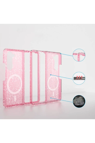 KILIFTECH Galaxy Z Fold 6 Kılıf Magsafe Şarj Özellikli Parlayan Simli Saydam Renkli Zore Allstar Kapak-Pembe - Resim 5