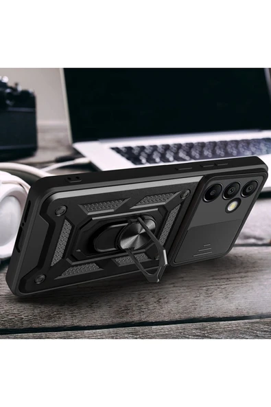 KILIFTECH Galaxy S24 FE Uyumlu Magnetik Standlı Kamera Korumalı Zore Sürgülü Vega Kapak-Mavi - Resim 5