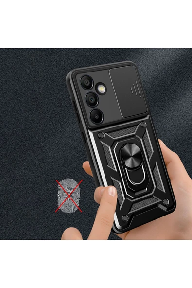 KILIFTECH Galaxy S24 FE Uyumlu Magnetik Standlı Kamera Korumalı Zore Sürgülü Vega Kapak-Mavi - Resim 4