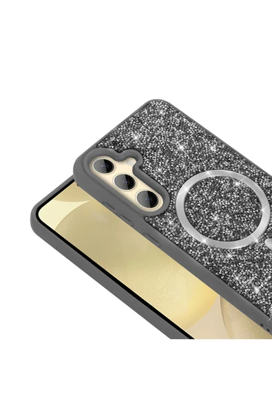 NÜANSTEK Galaxy S24 FE Kılıf Pırlanta Tasarımlı Magsafe Şarj Özellikli Zore Mozaik Silikon Kapak - Titanyum-G - Resim 8