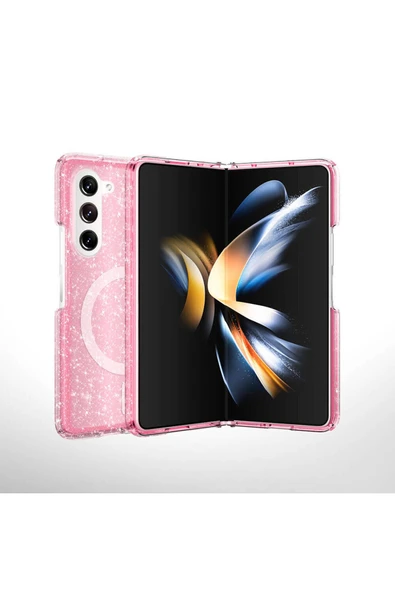 KILIFTECH Galaxy Z Fold 6 Kılıf Magsafe Şarj Özellikli Parlayan Simli Saydam Renkli Zore Allstar Kapak-Pembe - Resim 3
