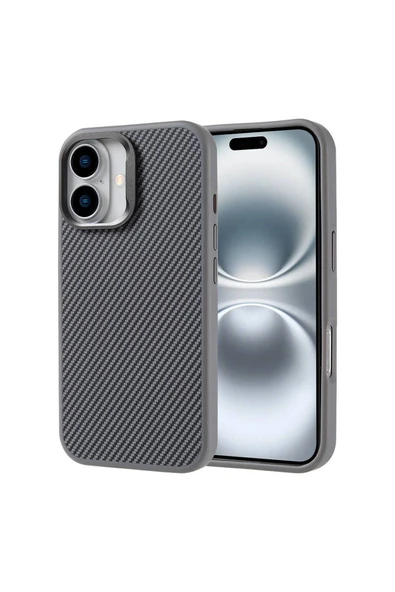 KILIFTECH iPhone 16 Plus Kılıf Magsafe Şarj Özellikli Karbon Fiber Görünümlü Zore Troy Kapak-Gümüş ürün görseli