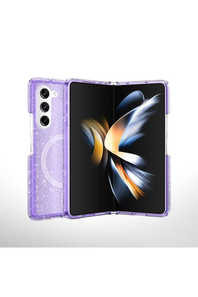 KILIFTECH Galaxy Z Fold 6 Kılıf Magsafe Şarj Özellikli Parlayan Simli Saydam Renkli Zore Allstar Kapak-Pembe - Resim 4