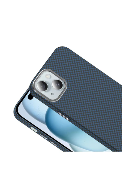 KILIFTECH iPhone 15 Kılıf Magsafe Şarj Özellikli Karbon Fiber Görünümlü KTH Gros Kapak - Lacivert - Resim 6