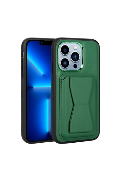 KILIFTECH iPhone 12 Pro Max Uyumlu Kartlıklı Standlı Pu Deri Zore Memo Kılıf-Koyu Yeşil ürün görseli