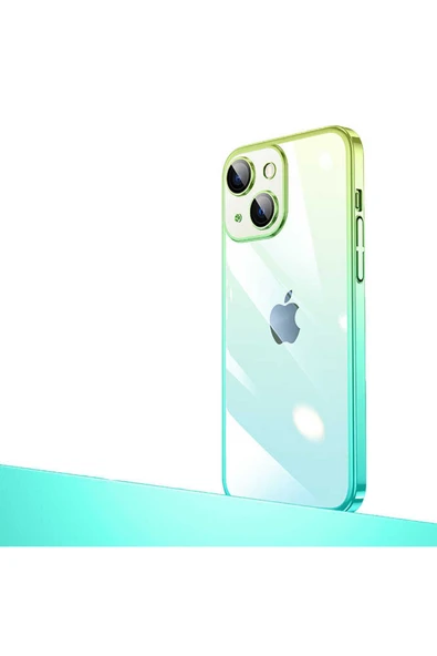 KILIFTECH iPhone 14 Uyumlu Parlak Renk Geçişli Kamera Korumalı Zore Senkron Kılıf-Yeşil-Mavi