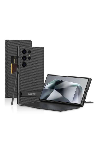 KILIFTECH Galaxy S24 Ultra Kılıf Kamera Korumalı Karbon Tasarım Zore Droga Standlı Kartlıklı Kapaklı Kılıf-Siy - 1