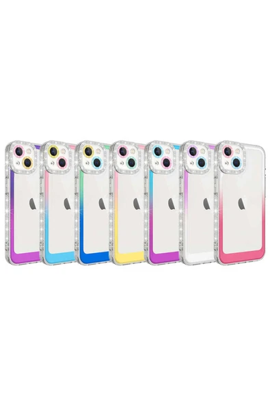 KILIFTECH iPhone 14 Uyumlu Simli ve Renk Geçiş Tasarımlı LZore Korumalı Zore Park Kılıf-Pembe-Sarı - Resim 2