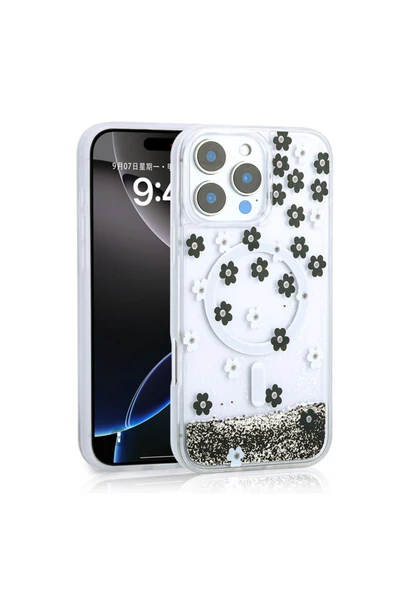 UMEYIR iPhone 16 Pro Max Kılıf Sıvılı Simli Baskılı Şeffaf Arka Yüzey SYS Mossa Silikon Kapak - Siyah ürün görseli