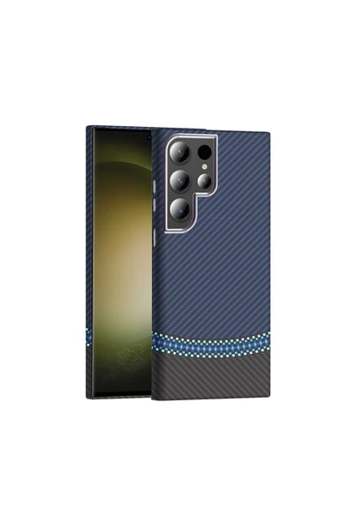 KILIFTECH Galaxy S24 Ultra Kılıf M-safe Şarj Özellikli Karbon Fiber Görünümlü KTH Gros Kapak - Siyah-Lacivert ürün görseli