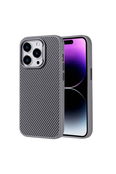 KILIFTECH iPhone 15 Pro Max Kılıf Magsafe Şarj Özellikli Karbon Fiber Görünümlü Zore Troy Kapak-Gümüş ürün görseli 1