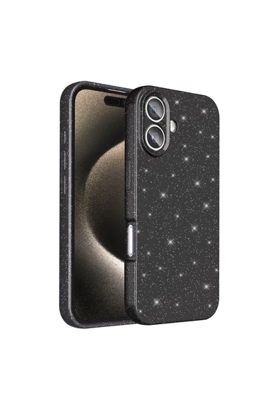 KILIFTECH iPhone 16 Kılıf Kamera Korumalı Simli Lüks KTH Koton Kapak - Siyah - Resim 2