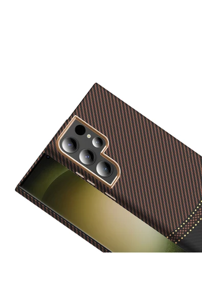 KILIFTECH Galaxy S24 Ultra Kılıf M-safe Şarj Özellikli Karbon Fiber Görünümlü KTH Gros Kapak - Siyah-Lacivert - Resim 5