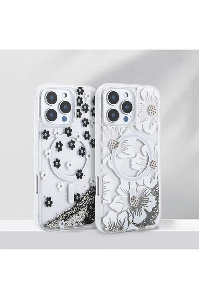 UMEYIR iPhone 16 Pro Max Kılıf Sıvılı Simli Baskılı Şeffaf Arka Yüzey SYS Mossa Silikon Kapak - Siyah - Resim 7