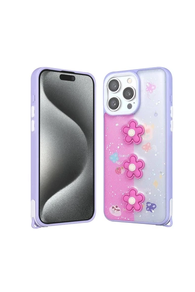 KILIFTECH iPhone 15 Pro Max Kılıf Parlayan Sıvılı Simli Kabartma Figürlü Zore Cevze Kapak-Mor Ayı