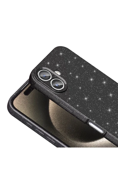 KILIFTECH iPhone 16 Kılıf Kamera Korumalı Simli Lüks KTH Koton Kapak - Siyah - Resim 4