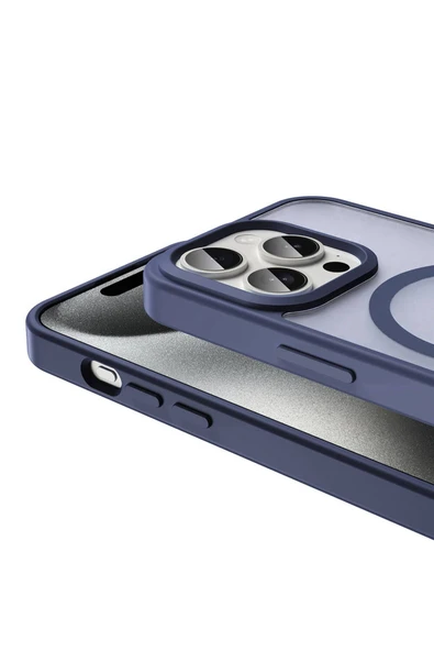 zore iPhone 15 Pro Max Kılıf Magsafe Şarj Özellikli Mat Arka Yüzey Zore Sio Kapak-Lacivert - Resim 3