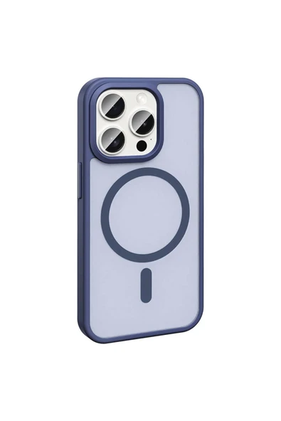 zore iPhone 15 Pro Max Kılıf Magsafe Şarj Özellikli Mat Arka Yüzey Zore Sio Kapak-Lacivert - Resim 6