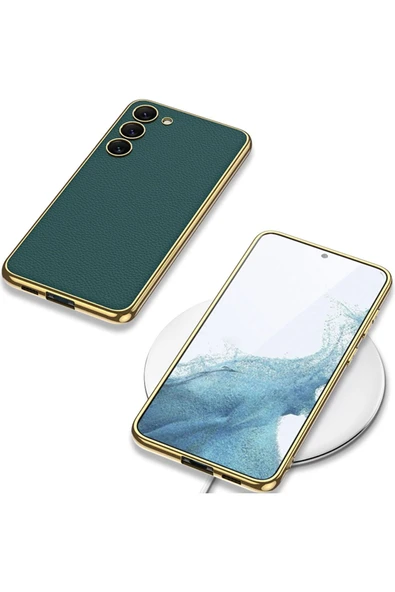 zore Galaxy S23 Uyumlu Deri Görünümlü Kenarları Elektroplating Kaplama Zore Fizyon Kılıf-Siyah - Resim 5