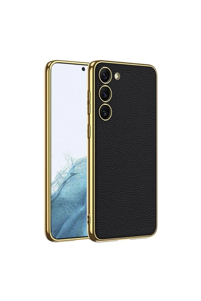 zore Galaxy S23 Uyumlu Deri Görünümlü Kenarları Elektroplating Kaplama Zore Fizyon Kılıf-Siyah ürün görseli
