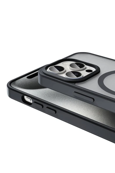 zore iPhone 15 Pro Max Kılıf Magsafe Şarj Özellikli Mat Arka Yüzey Zore Sio Kapak-Lacivert - Resim 4