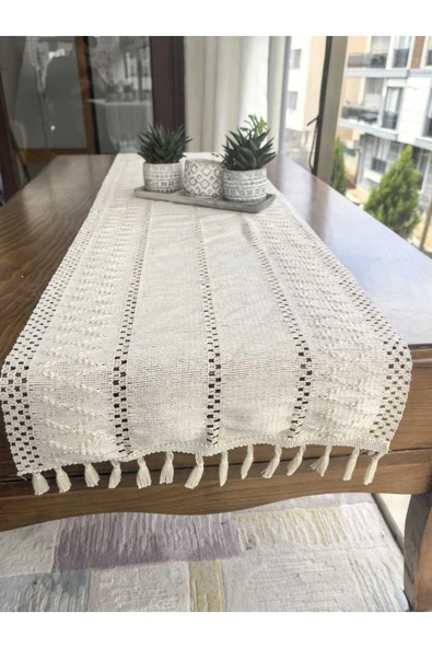 Peacock Şal Motif Dantel Örgü Runner Keten Görünümlü Pamuklu 35x90cm - 2