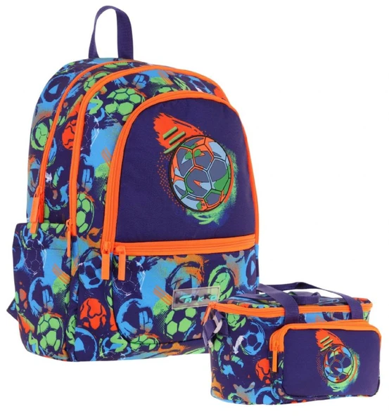 Kaukko Kids Erkek Çocuk Okul Çantası ve Isı Yalıtımlı Beslenme Çantası Seti (L5269+L7269) Futbol Topu Baskılı - Lacivert Turuncu ürün görseli