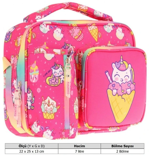 Kaukko Kız Çocuk, Kırmızı, Dondurma Desenli Isı Yalıtımlı Üç Bölmeli (Matara Cepli) Okul Beslenme Çantası L7227 - 3