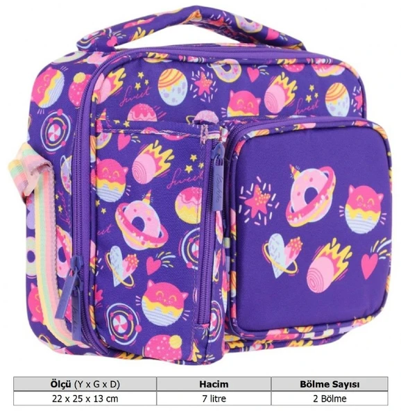 Kaukko Kız Çocuk, Mor, Şekerleme Baskılı Isı Yalıtımlı Üç Bölmeli (Matara Cepli) Okul Beslenme Çantası L7216 - Resim 3