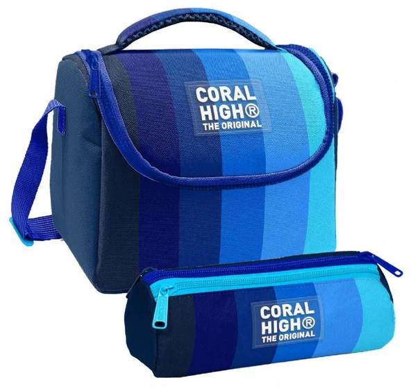 Coral High Erkek Çocuk Lacivert Mavi Renk Geçişli Çizgili Thermo Beslenme Çantası ve Üç Bölmeli Kalem Çantası Seti - Resim 3