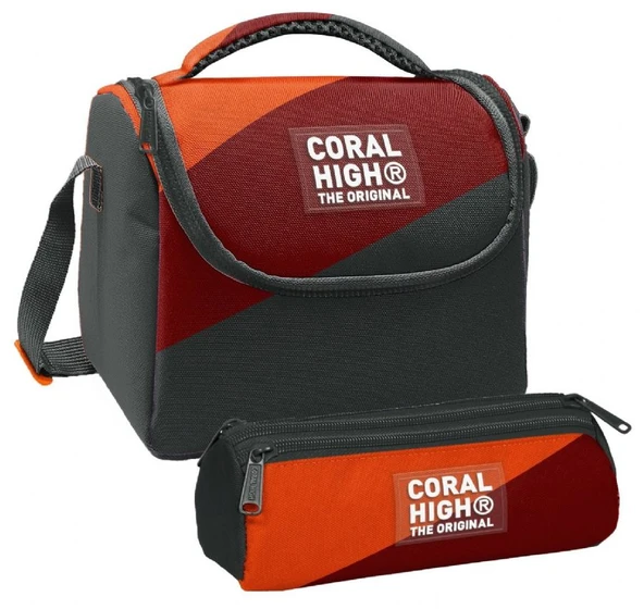 Coral High Erkek Çocuk Turuncu Bordo Gri Renkli Thermo Beslenme Çantası ve Üç Bölmeli Kalem Çantası Seti ürün görseli