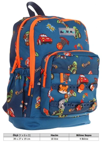 Kaukko Kids Dört Bölmeli Erkek Çocuk Silikon Aksesuarlı Lacivert Turuncu İlkokul Çantası - Resim 4