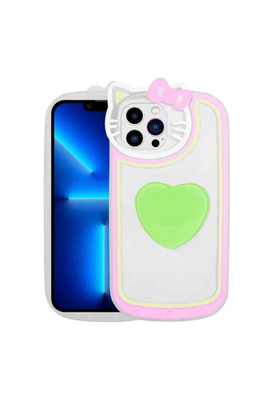 zore iPhone 13 Pro Uyumlu Kedi Figürlü Transparan Pop Soketli Zore Ritmik Kılıf-Yeşil ürün görseli