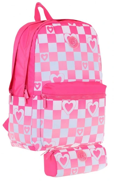 Kaukko Nature Dama ve Kalp Desenli Pembe Kız Çocuk Okul Çantası ve Kalemlik Okul Seti ürün görseli