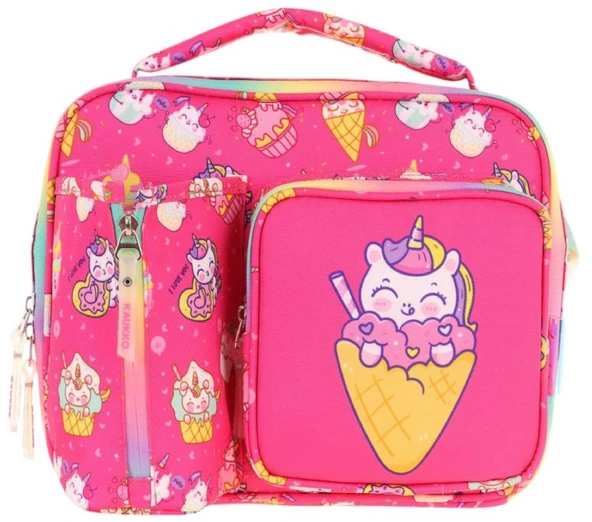 Kaukko Kız Çocuk, Kırmızı, Dondurma Desenli Isı Yalıtımlı Üç Bölmeli (Matara Cepli) Okul Beslenme Çantası L7227 - 2