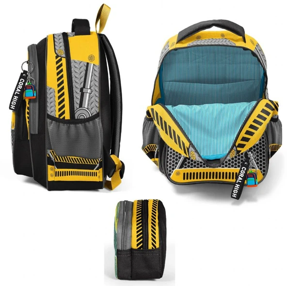Coral High İlkokul Sırt Çantası ve İki Bölmeli Kalemlik - Erkek Çocuk - Siyah Sarı Robot - Resim 5